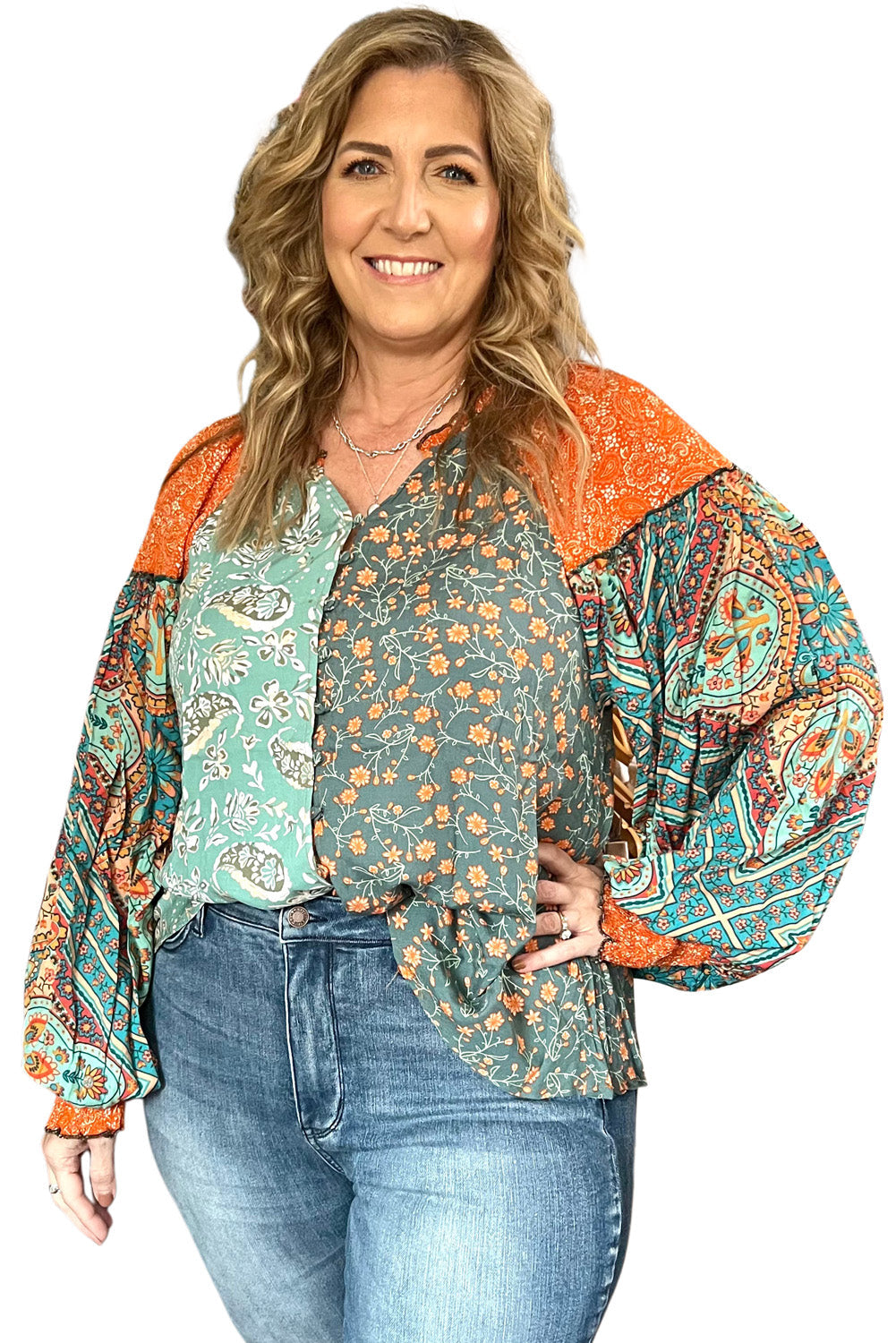 Green Floral Patchwork V Neck Lantern Sleeve Plus Size Blouse - MAD RUFFI