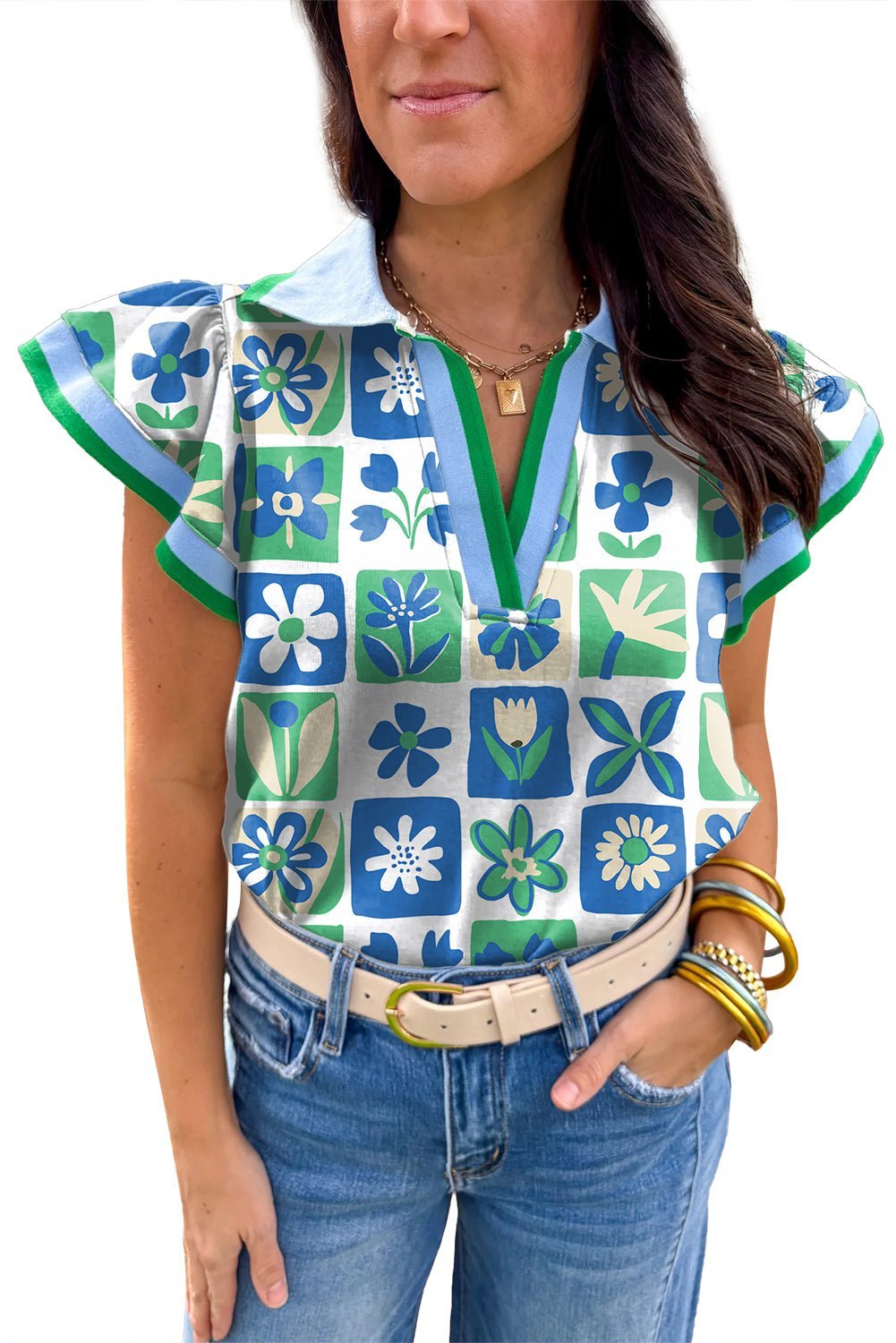 Green Floral Plaid Colorblock Flutter Sleeve Blouse - MAD RUFFI