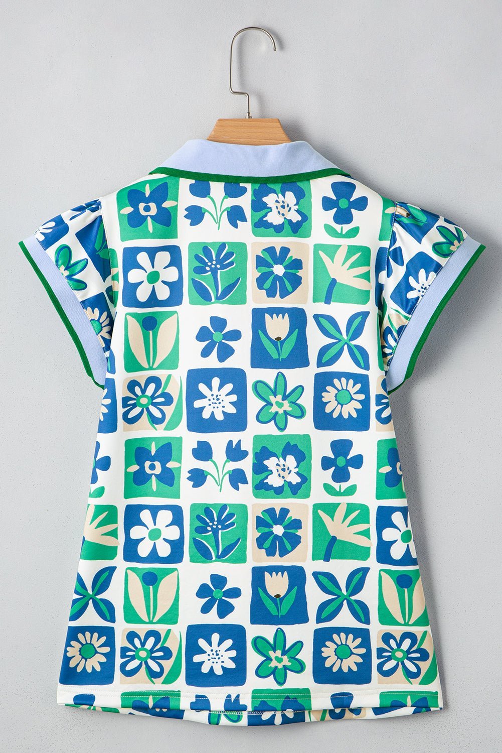 Green Floral Plaid Colorblock Flutter Sleeve Blouse - MAD RUFFI