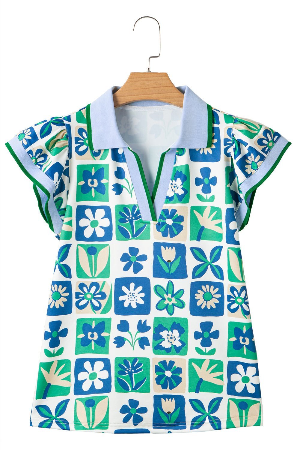 Green Floral Plaid Colorblock Flutter Sleeve Blouse - MAD RUFFI