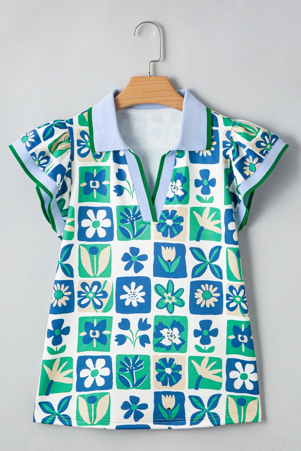 Green Floral Plaid Colorblock Flutter Sleeve Blouse - MAD RUFFI