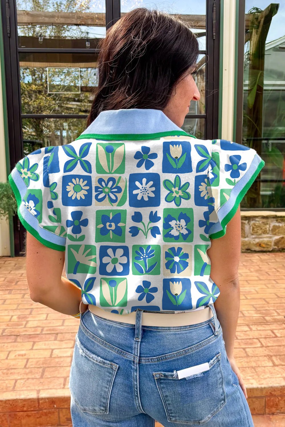 Green Floral Plaid Colorblock Flutter Sleeve Blouse - MAD RUFFI