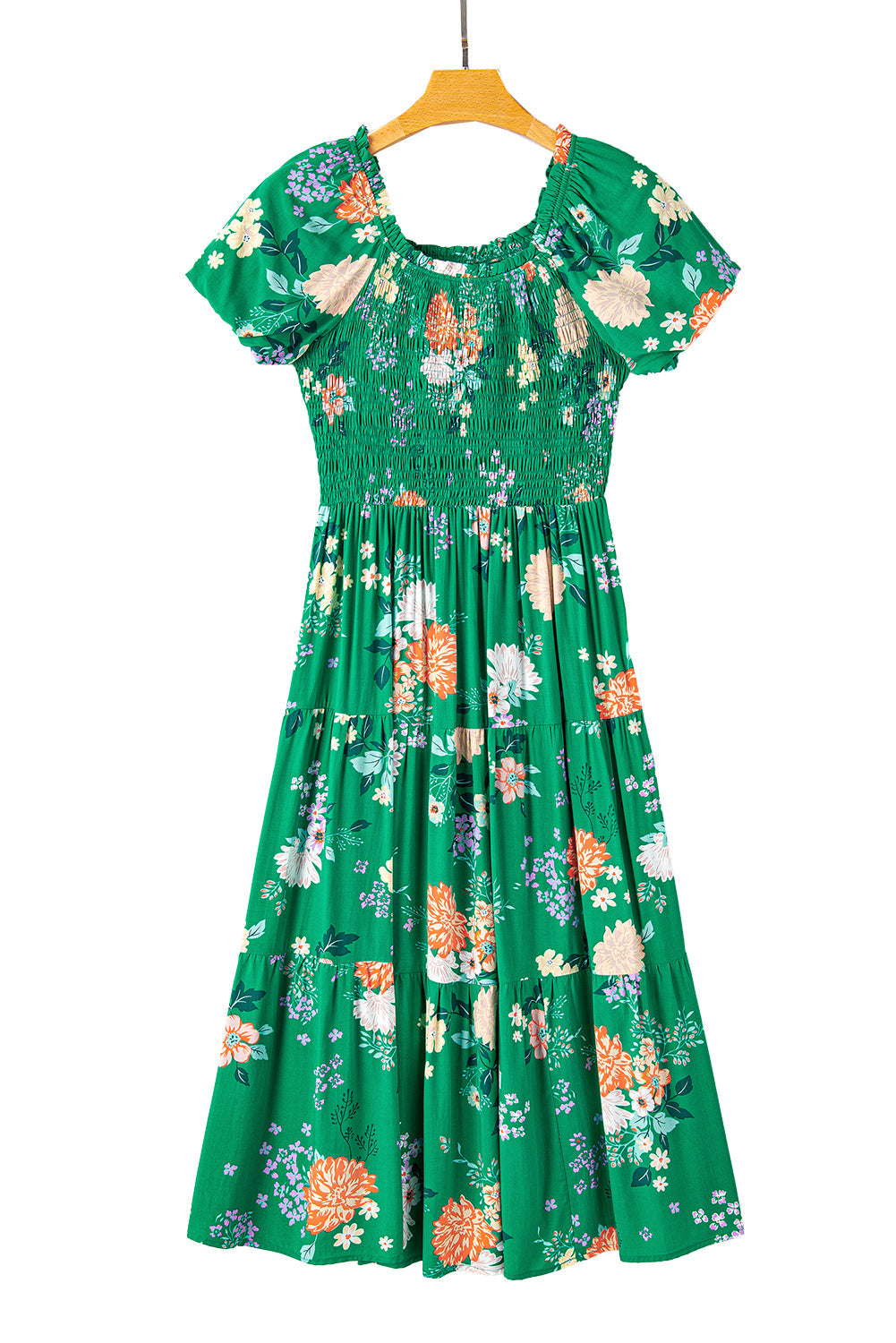 Green Floral Print Bubble Sleeve Smocked Tiered Midi Dress - MAD RUFFI