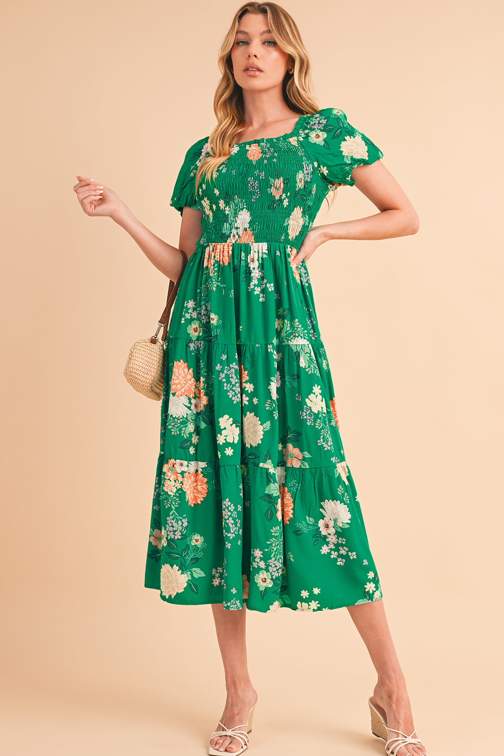 Green Floral Print Bubble Sleeve Smocked Tiered Midi Dress - MAD RUFFI