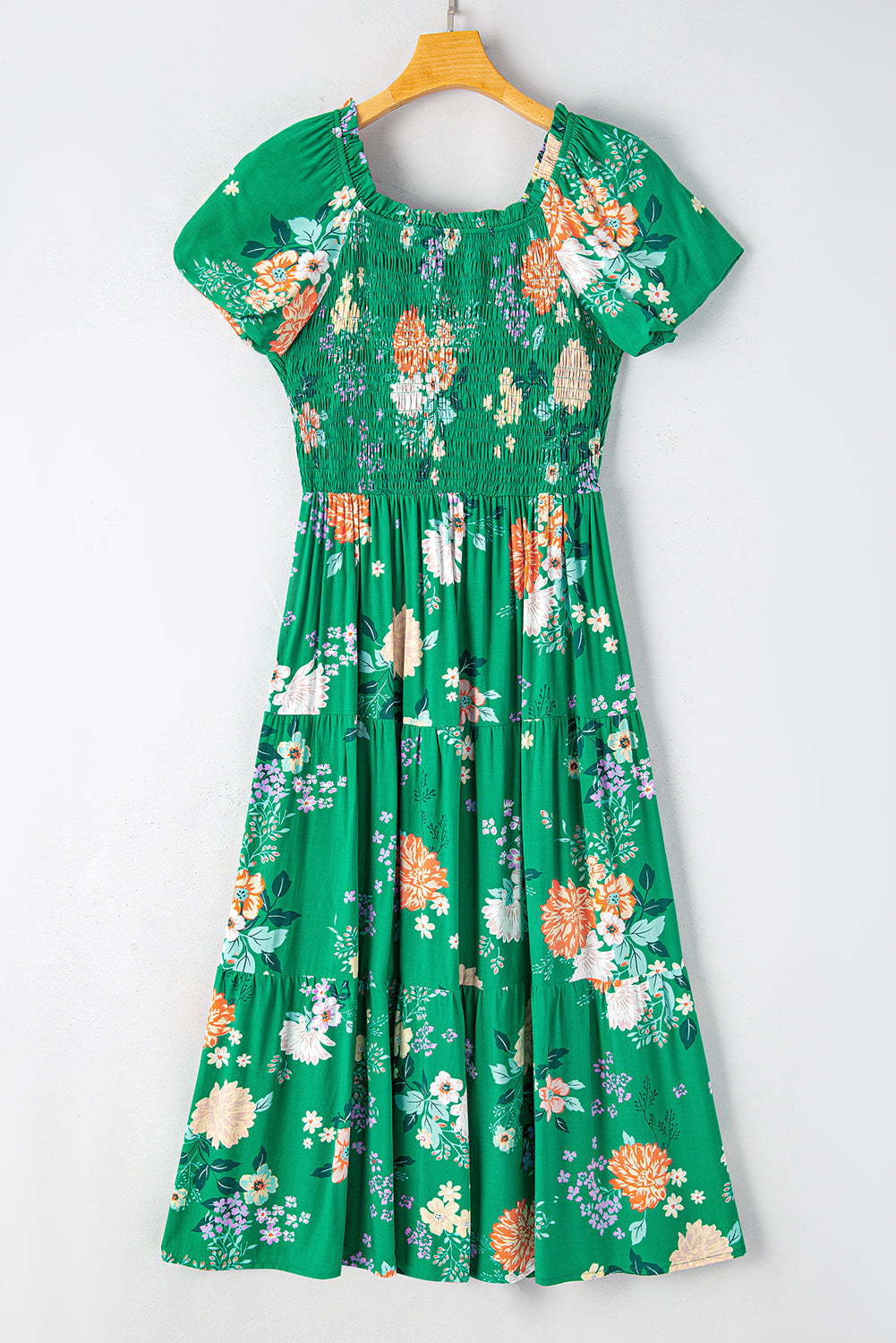 Green Floral Print Bubble Sleeve Smocked Tiered Midi Dress - MAD RUFFI