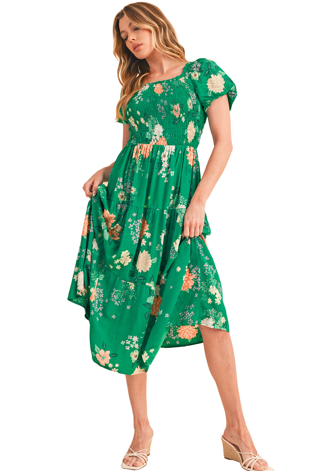 Green Floral Print Bubble Sleeve Smocked Tiered Midi Dress - MAD RUFFI