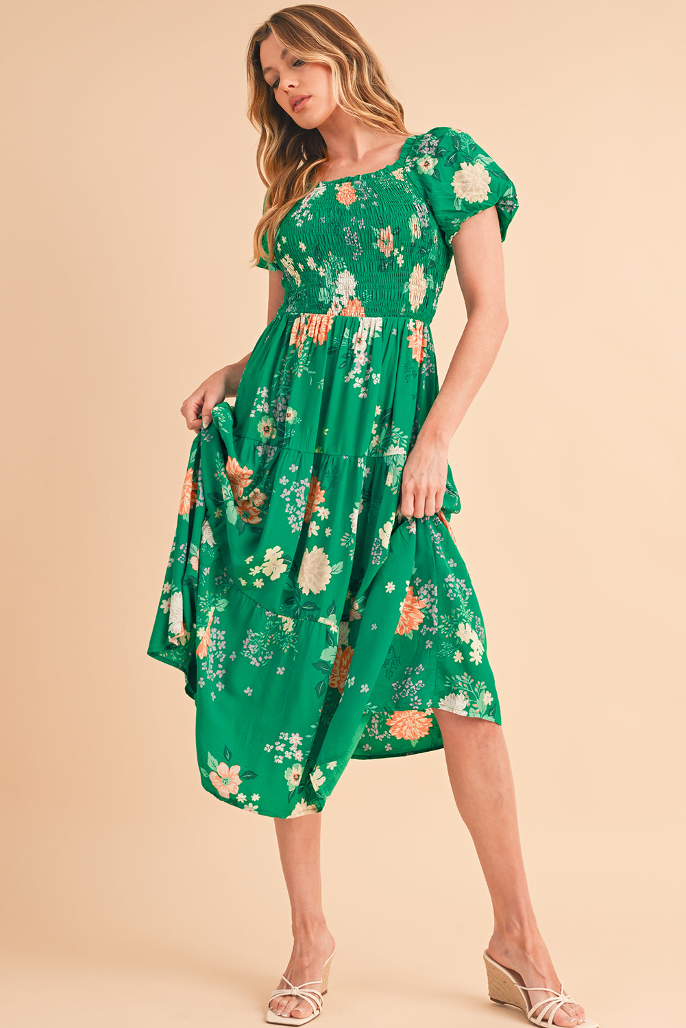 Green Floral Print Bubble Sleeve Smocked Tiered Midi Dress - MAD RUFFI