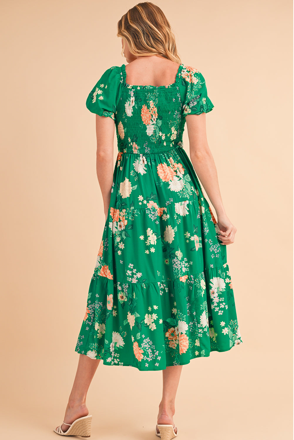 Green Floral Print Bubble Sleeve Smocked Tiered Midi Dress - MAD RUFFI