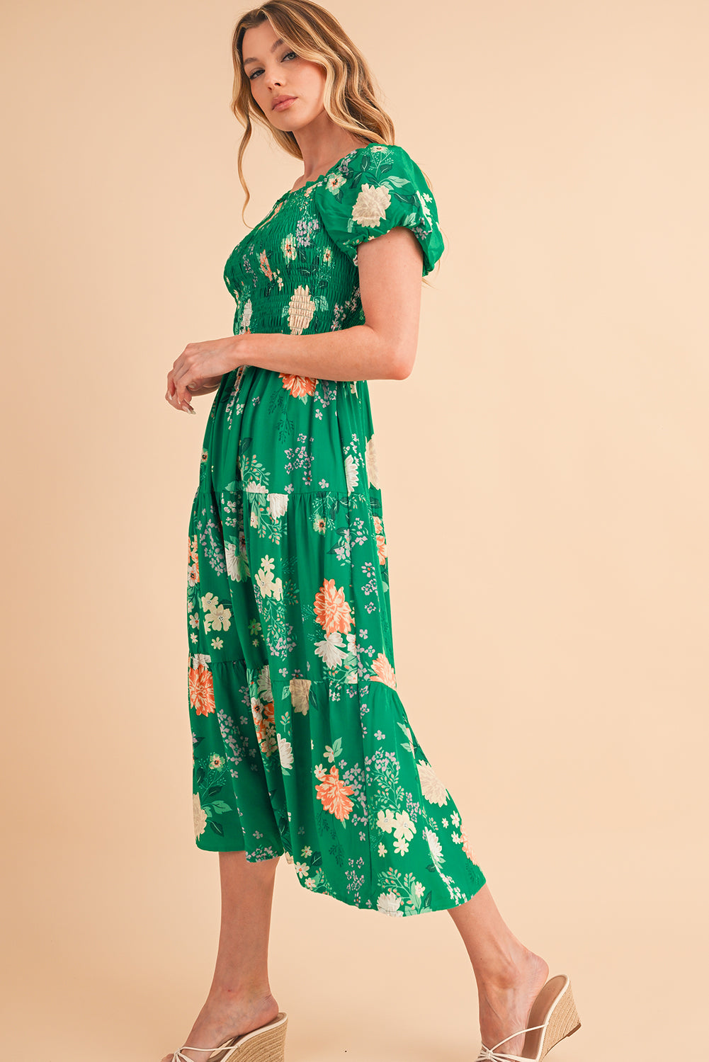 Green Floral Print Bubble Sleeve Smocked Tiered Midi Dress - MAD RUFFI