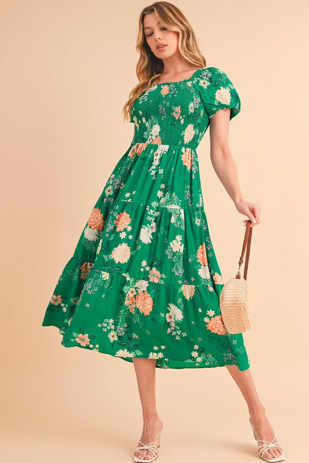 Green Floral Print Bubble Sleeve Smocked Tiered Midi Dress - MAD RUFFI