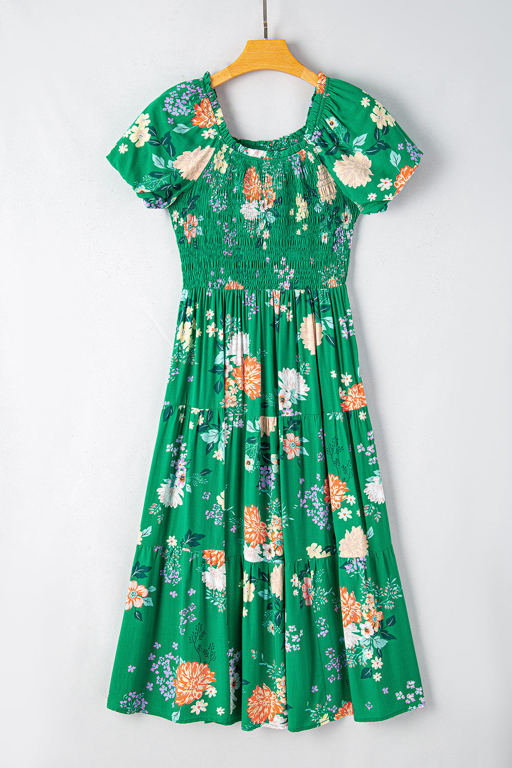 Green Floral Print Bubble Sleeve Smocked Tiered Midi Dress - MAD RUFFI