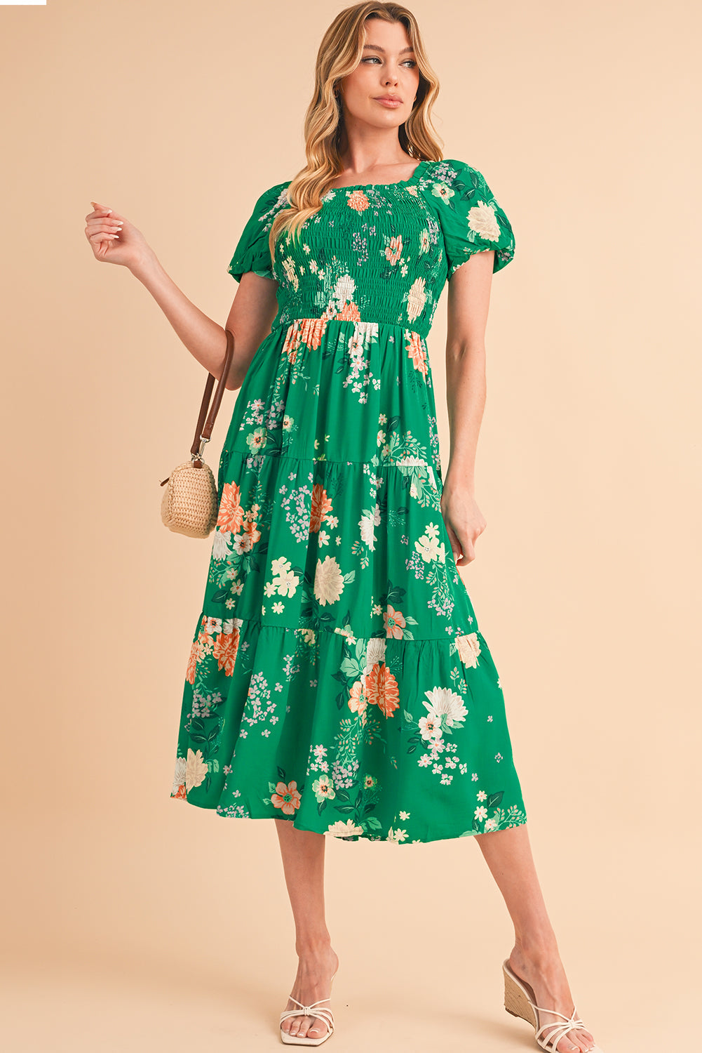 Green Floral Print Bubble Sleeve Smocked Tiered Midi Dress - MAD RUFFI