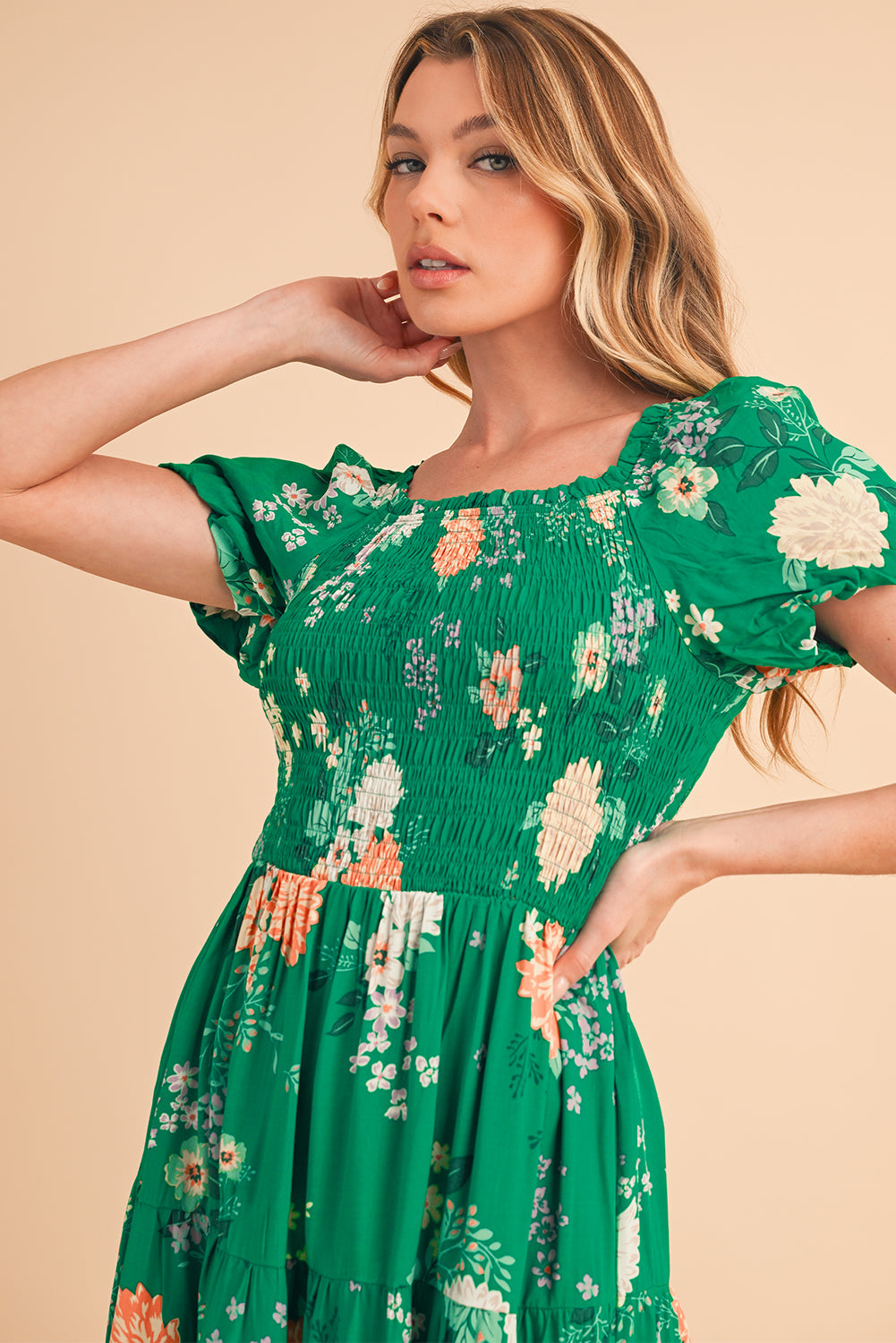 Green Floral Print Bubble Sleeve Smocked Tiered Midi Dress - MAD RUFFI