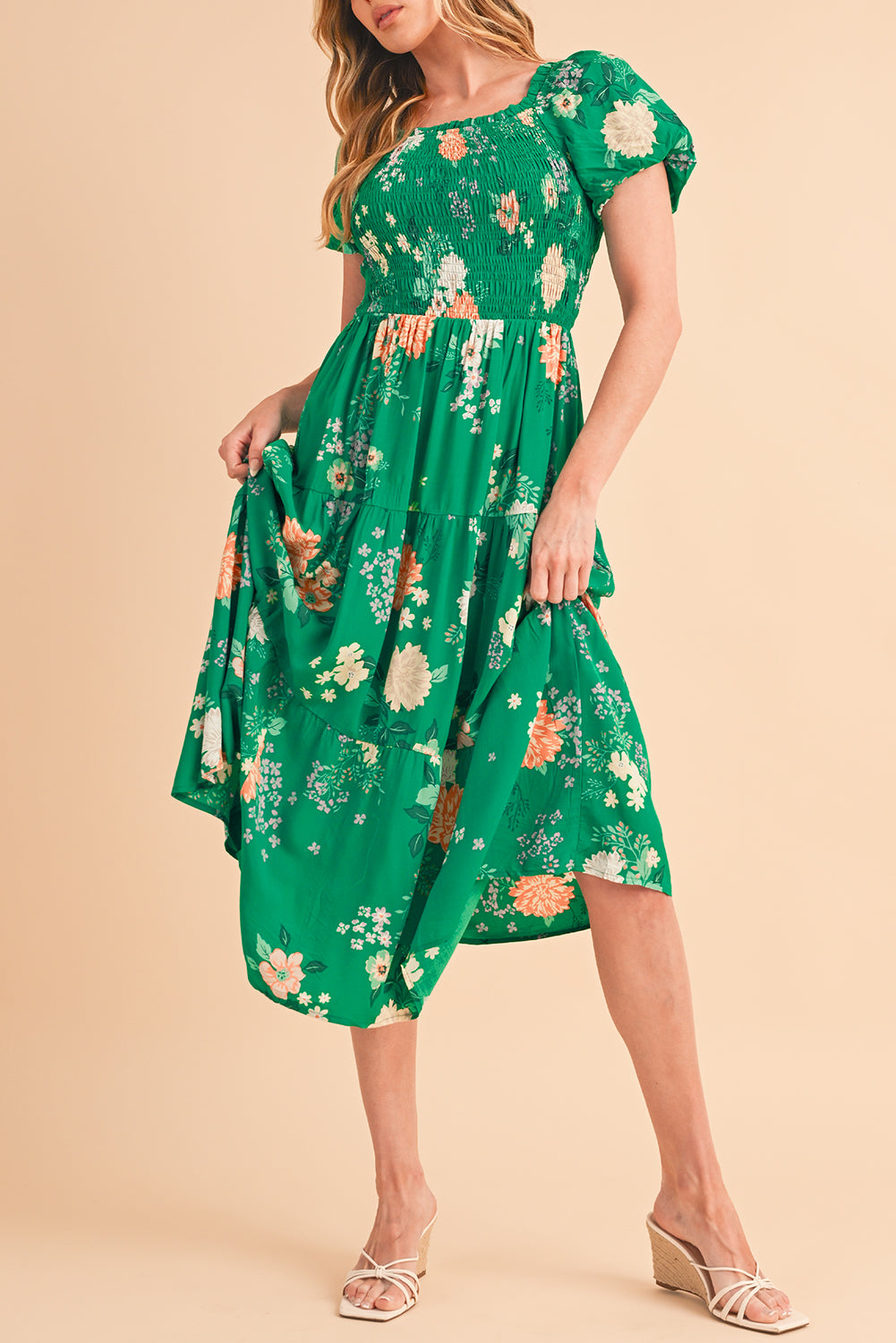 Green Floral Print Bubble Sleeve Smocked Tiered Midi Dress - MAD RUFFI