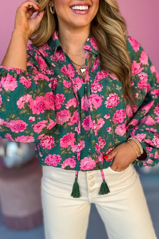 Green Floral Print Collared Puff Sleeve Blouse - MAD RUFFI