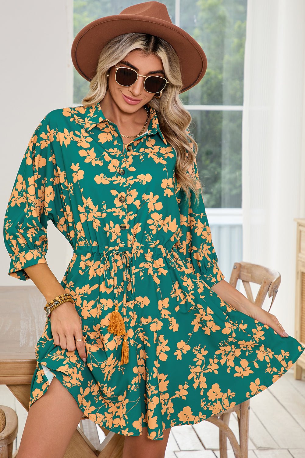 Green Floral Print Drawstring Flowy Short Dress - MAD RUFFI