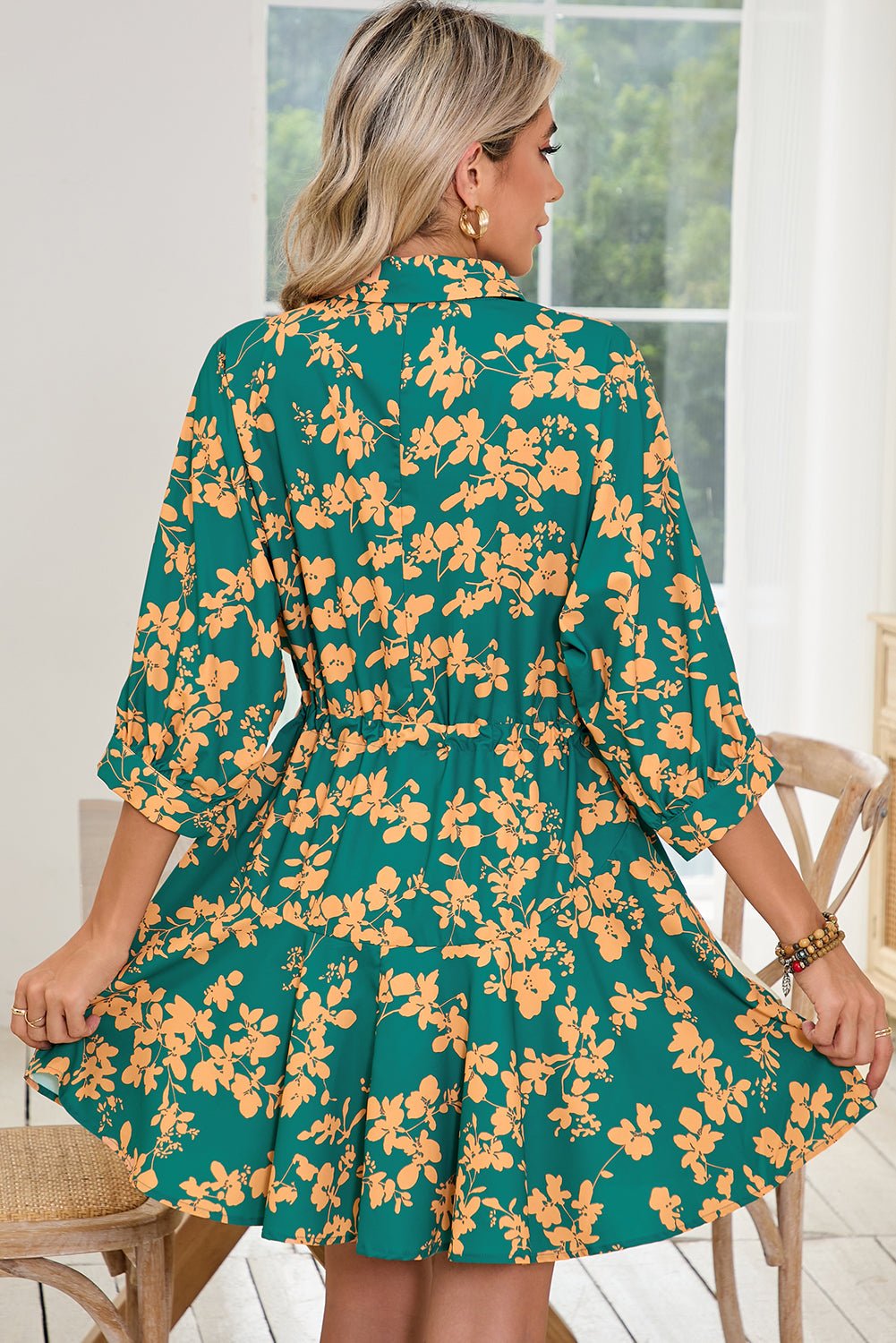 Green Floral Print Drawstring Flowy Short Dress - MAD RUFFI