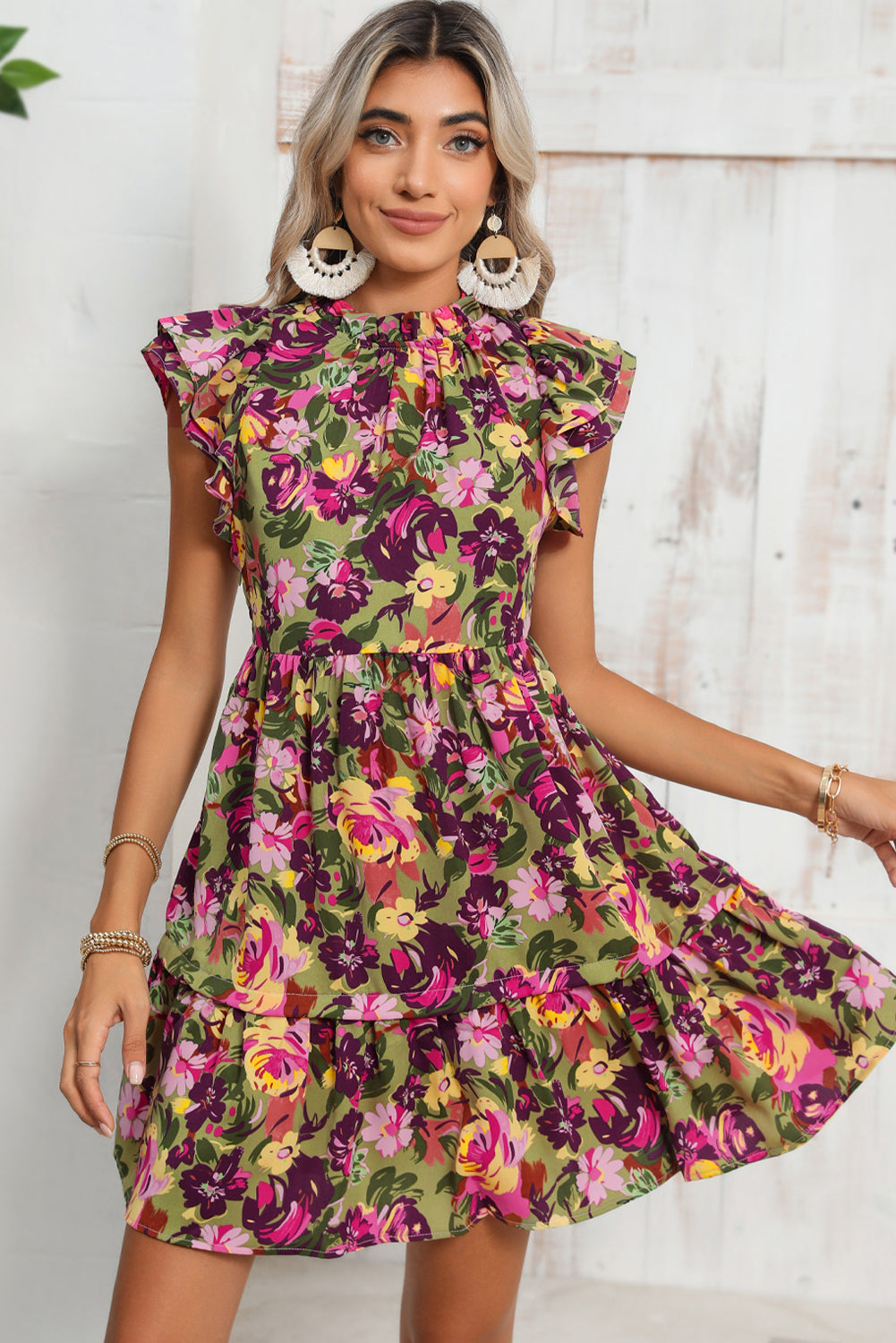 Green Floral Print Flutter Shoulder Ruffled Mini Dress - MAD RUFFI