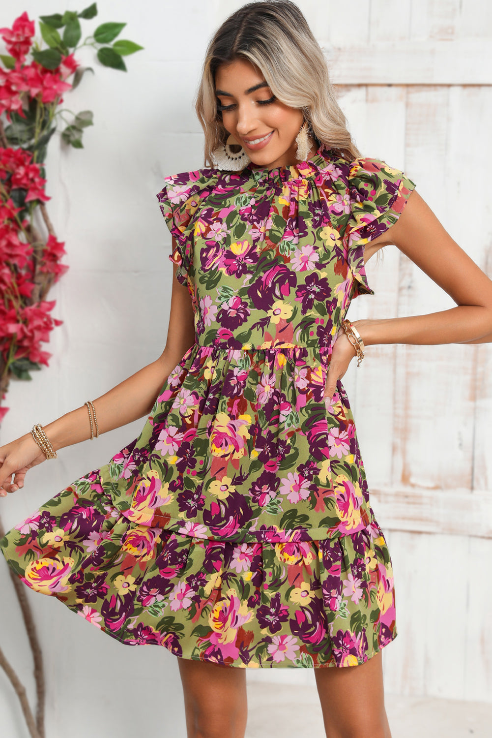 Green Floral Print Flutter Shoulder Ruffled Mini Dress - MAD RUFFI