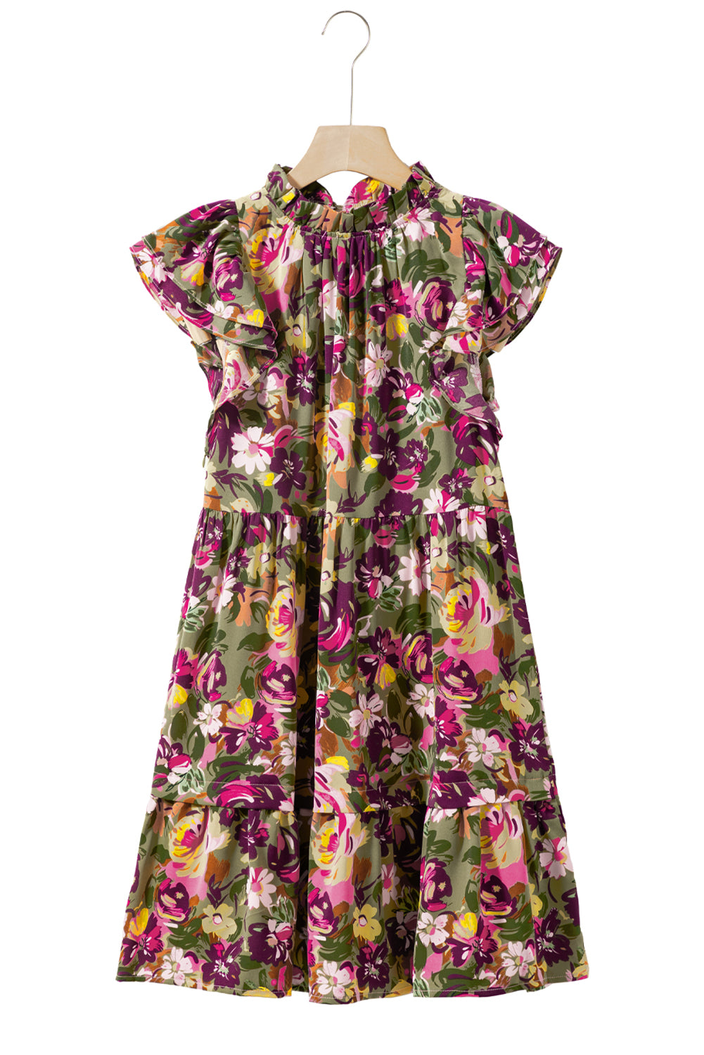 Green Floral Print Flutter Shoulder Ruffled Mini Dress - MAD RUFFI