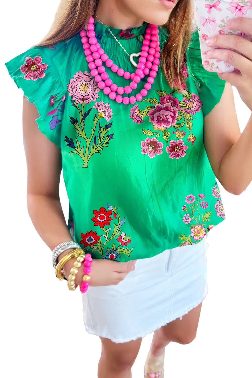 Green Floral Print Frill Neck Flutter Sleeve Blouse - MAD RUFFI