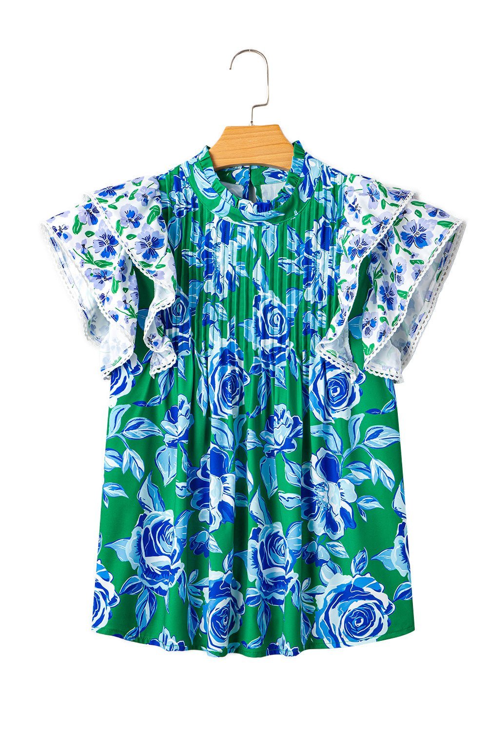 Green Floral Print Lace Trim Ruffle Sleeve Pleated Loose Blouse - MAD RUFFI