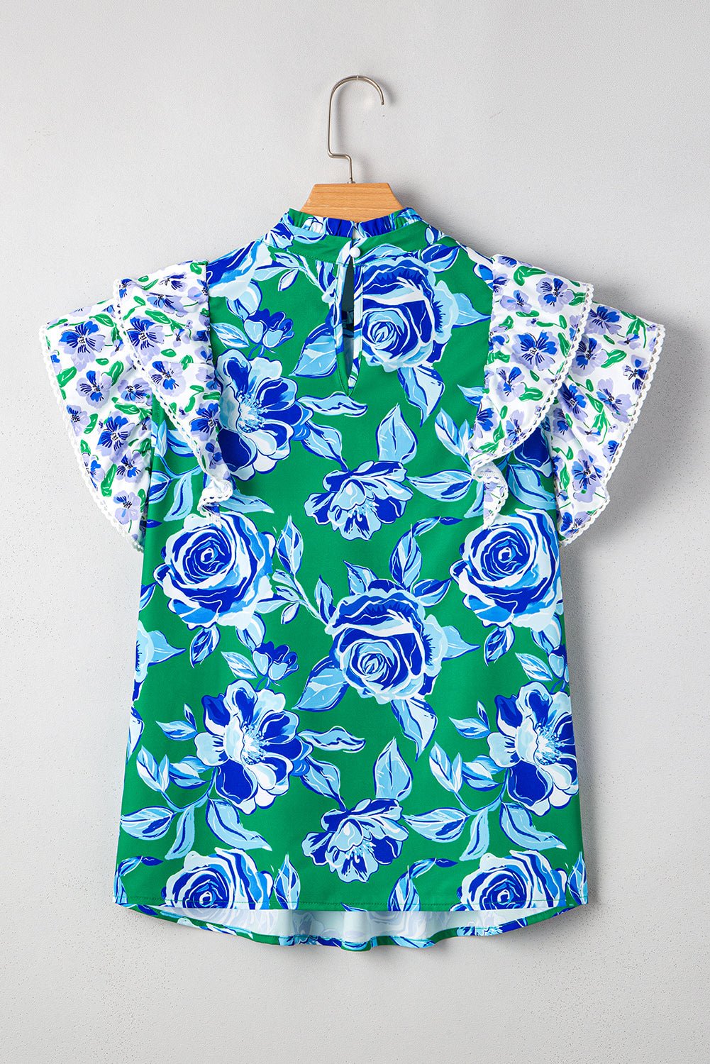 Green Floral Print Lace Trim Ruffle Sleeve Pleated Loose Blouse - MAD RUFFI