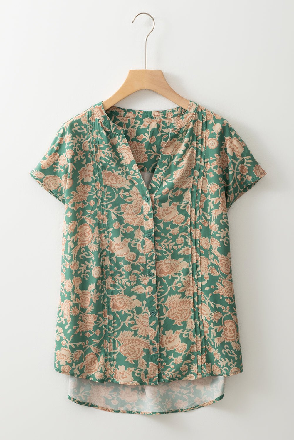 green floral print pleated buttoned v neck short sleeve blouse - MAD RUFFI