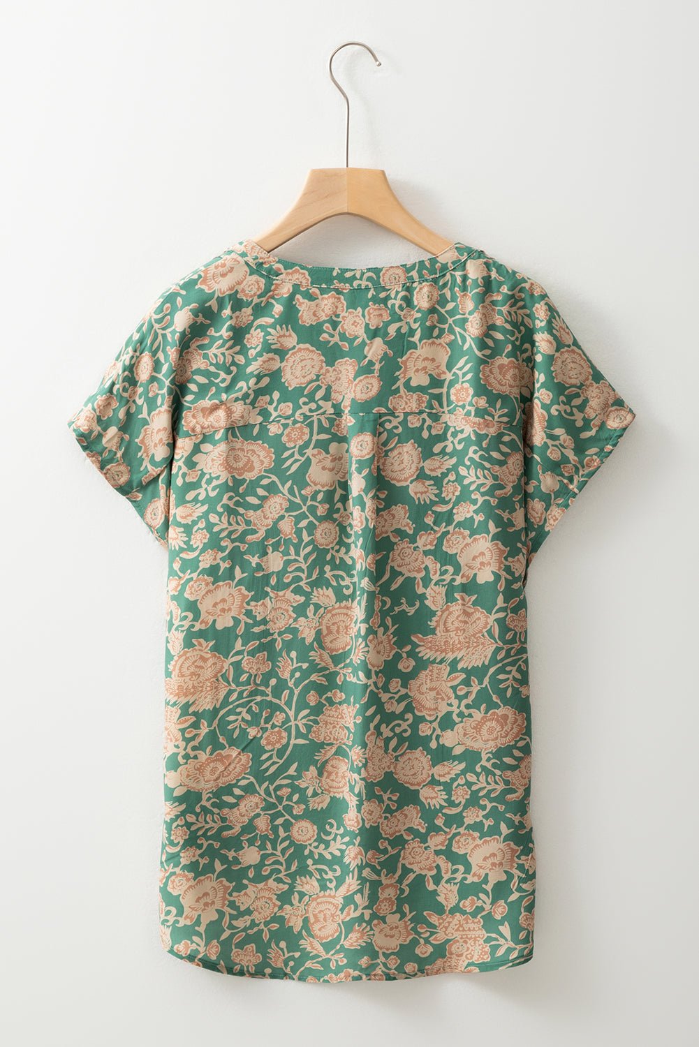 green floral print pleated buttoned v neck short sleeve blouse - MAD RUFFI