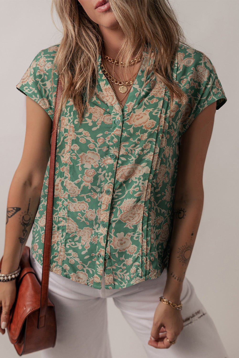 green floral print pleated buttoned v neck short sleeve blouse - MAD RUFFI
