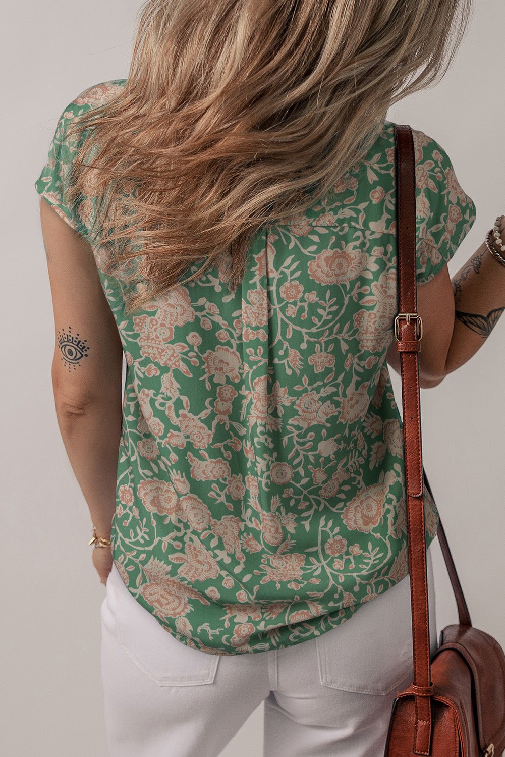 green floral print pleated buttoned v neck short sleeve blouse - MAD RUFFI