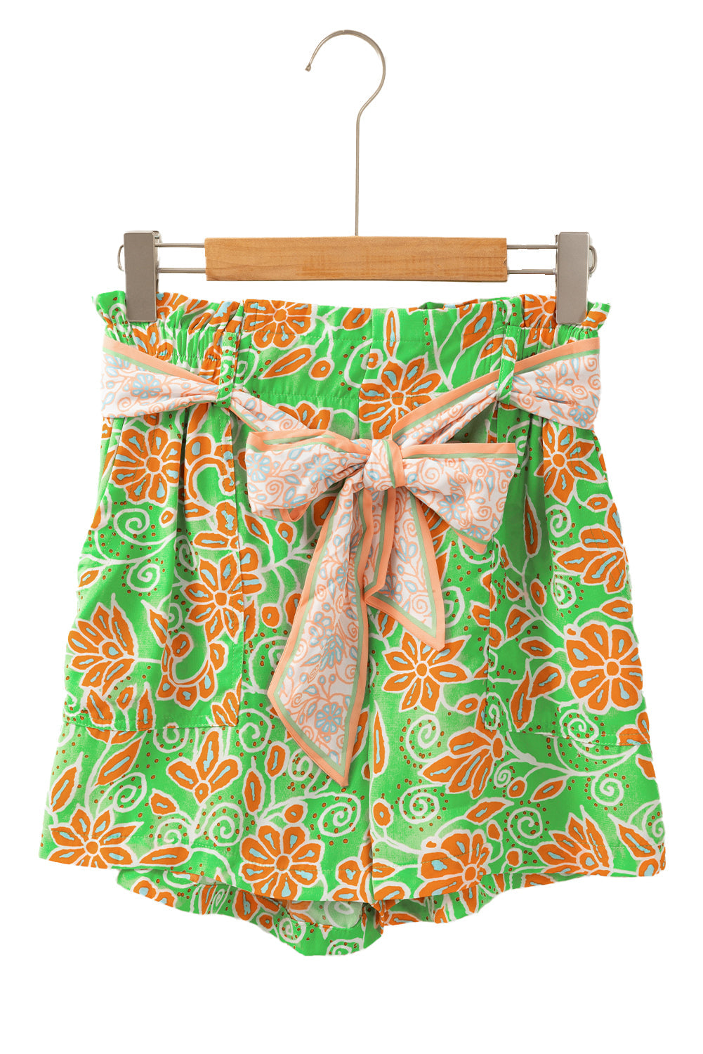 Green Floral Print Pocketed Front Knot High Waist Casual Shorts - MAD RUFFI