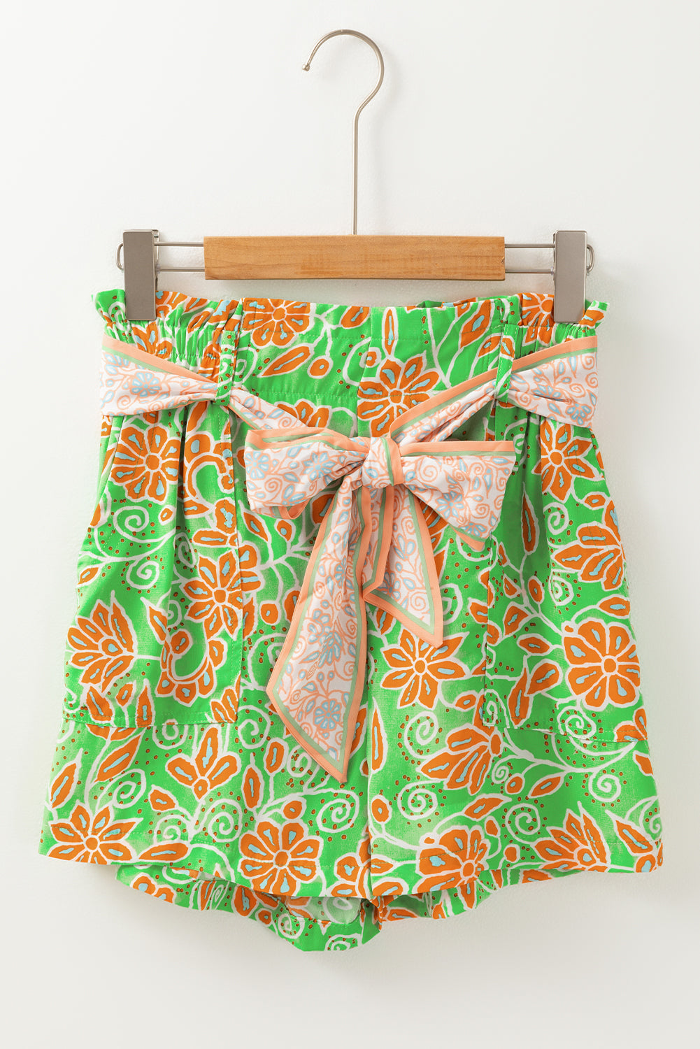 Green Floral Print Pocketed Front Knot High Waist Casual Shorts - MAD RUFFI