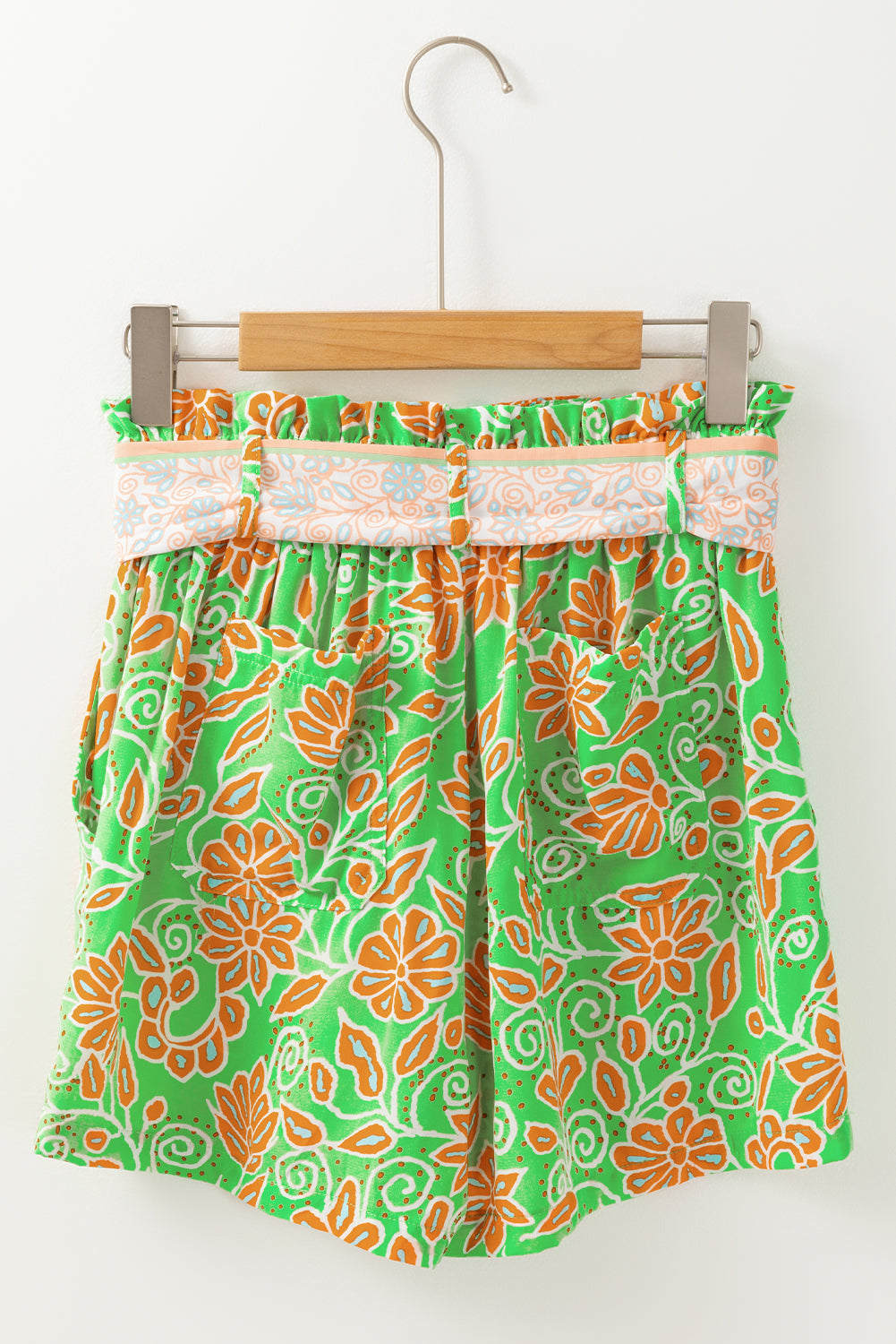 Green Floral Print Pocketed Front Knot High Waist Casual Shorts - MAD RUFFI