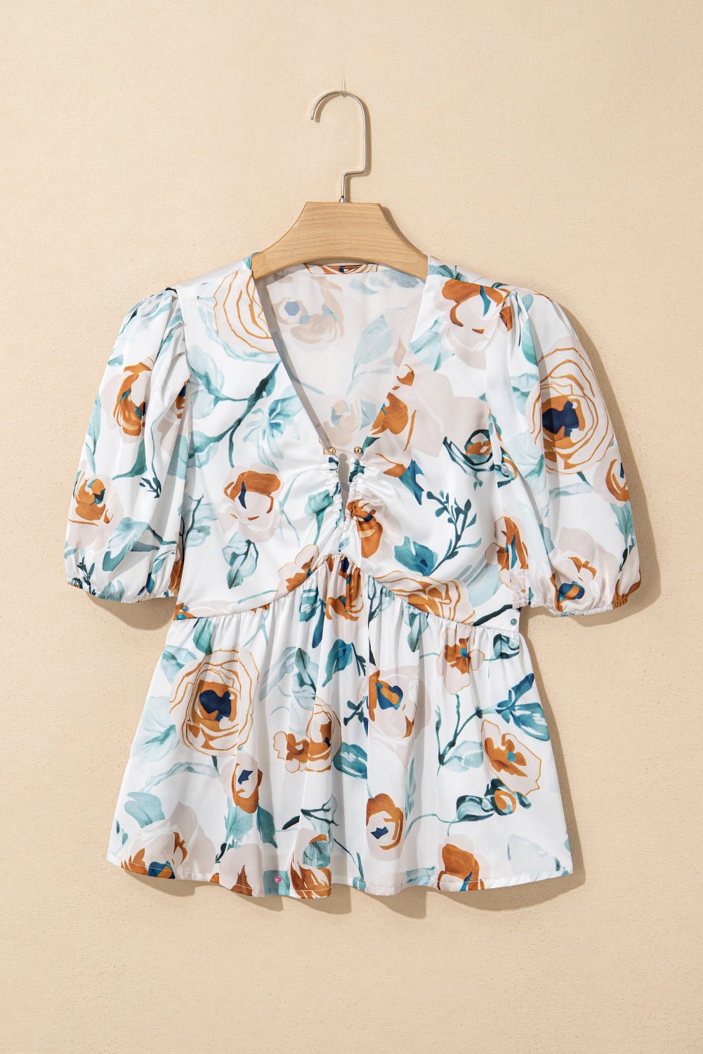 Green Floral Print Puff Sleeve V Neck Babydoll Blouse - MAD RUFFI