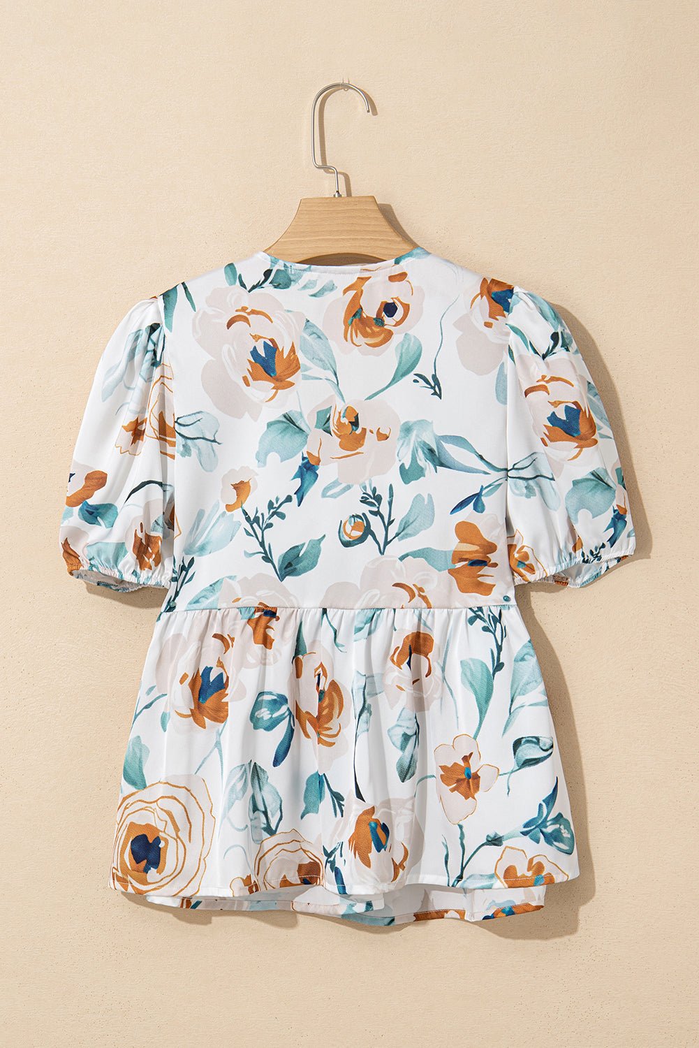 Green Floral Print Puff Sleeve V Neck Babydoll Blouse - MAD RUFFI