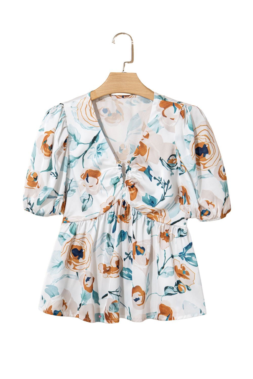 Green Floral Print Puff Sleeve V Neck Babydoll Blouse - MAD RUFFI