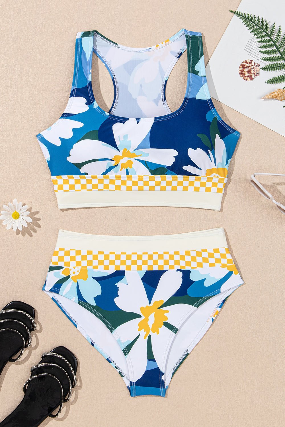 Green Floral Print Racerback High Waist Bikini Swimwear - MAD RUFFI