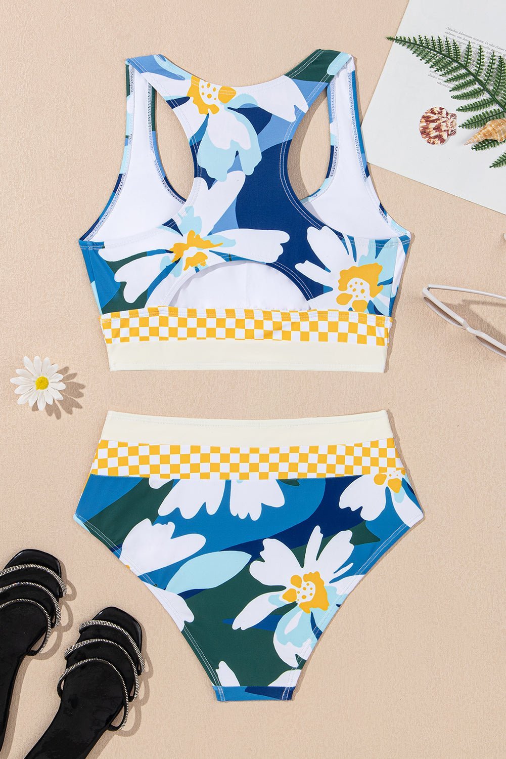 Green Floral Print Racerback High Waist Bikini Swimwear - MAD RUFFI