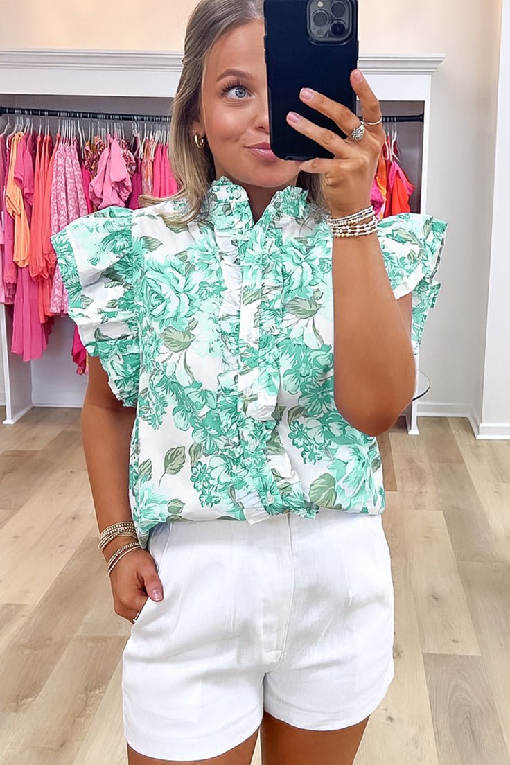 Green Floral Print Ruffle Sleeve Frill Shirt - MAD RUFFI