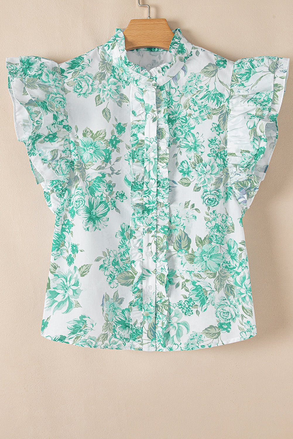 Green Floral Print Ruffle Sleeve Frill Shirt - MAD RUFFI