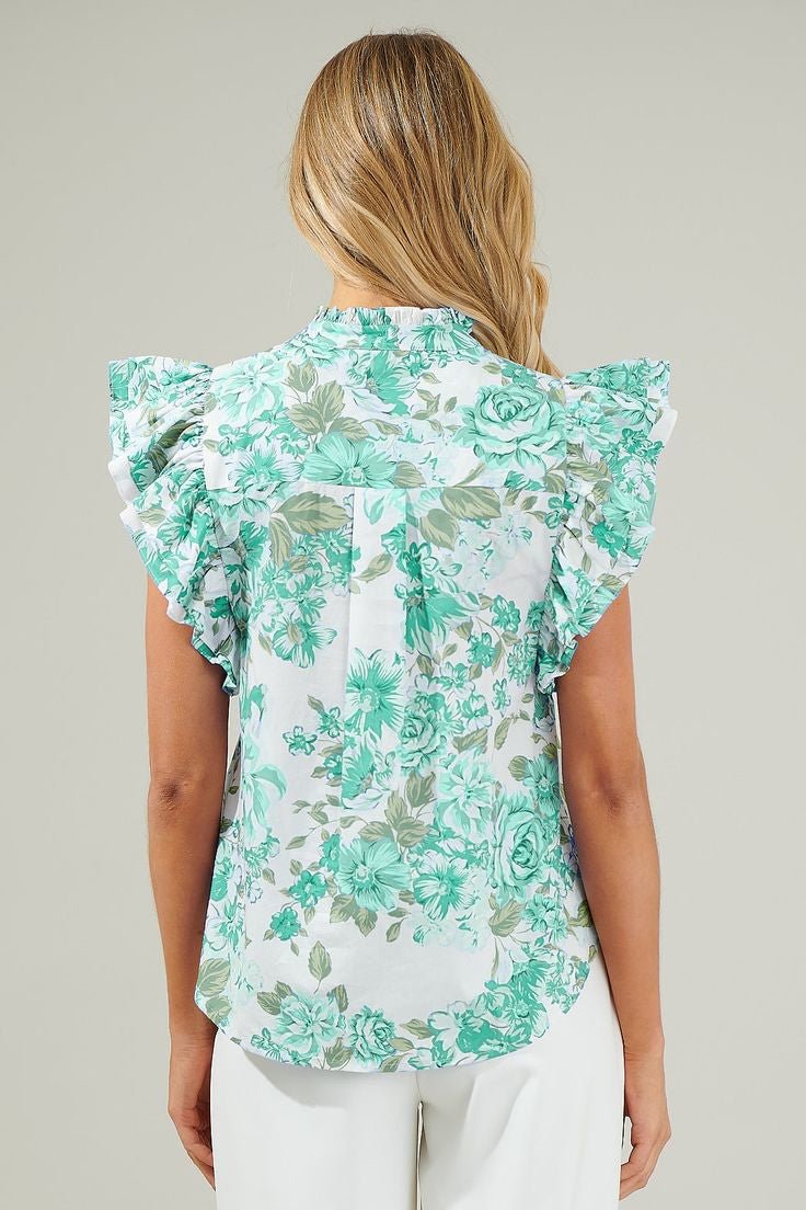 Green Floral Print Ruffle Sleeve Frill Shirt - MAD RUFFI