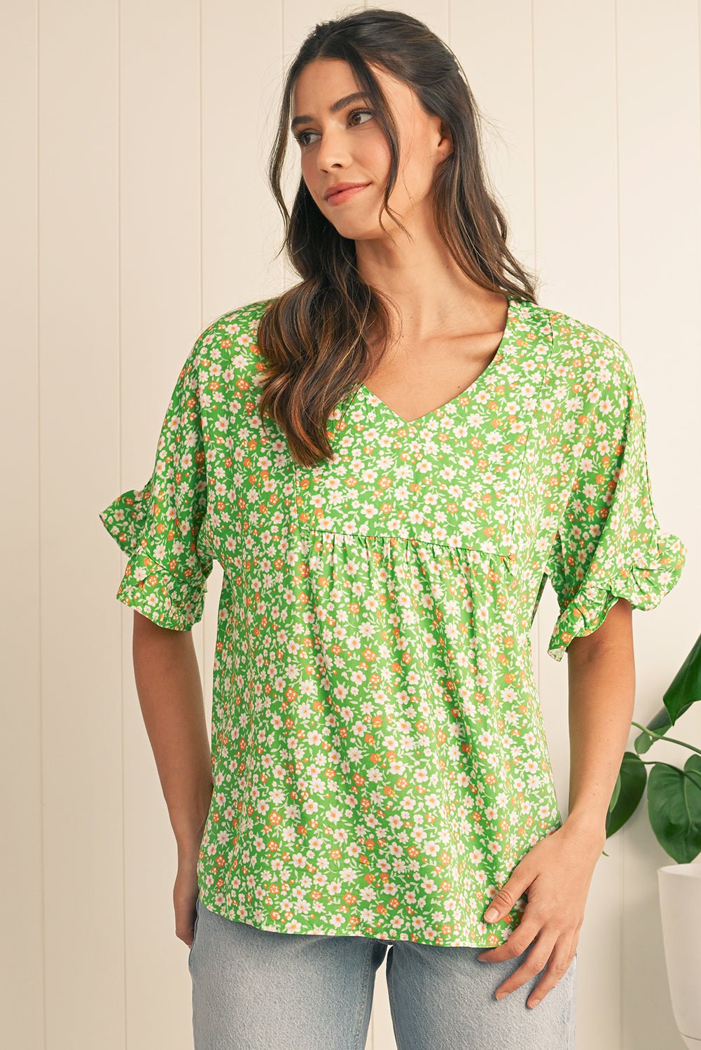 Green Floral Print Ruffle Sleeve V Neck Pleated Blouse - MAD RUFFI