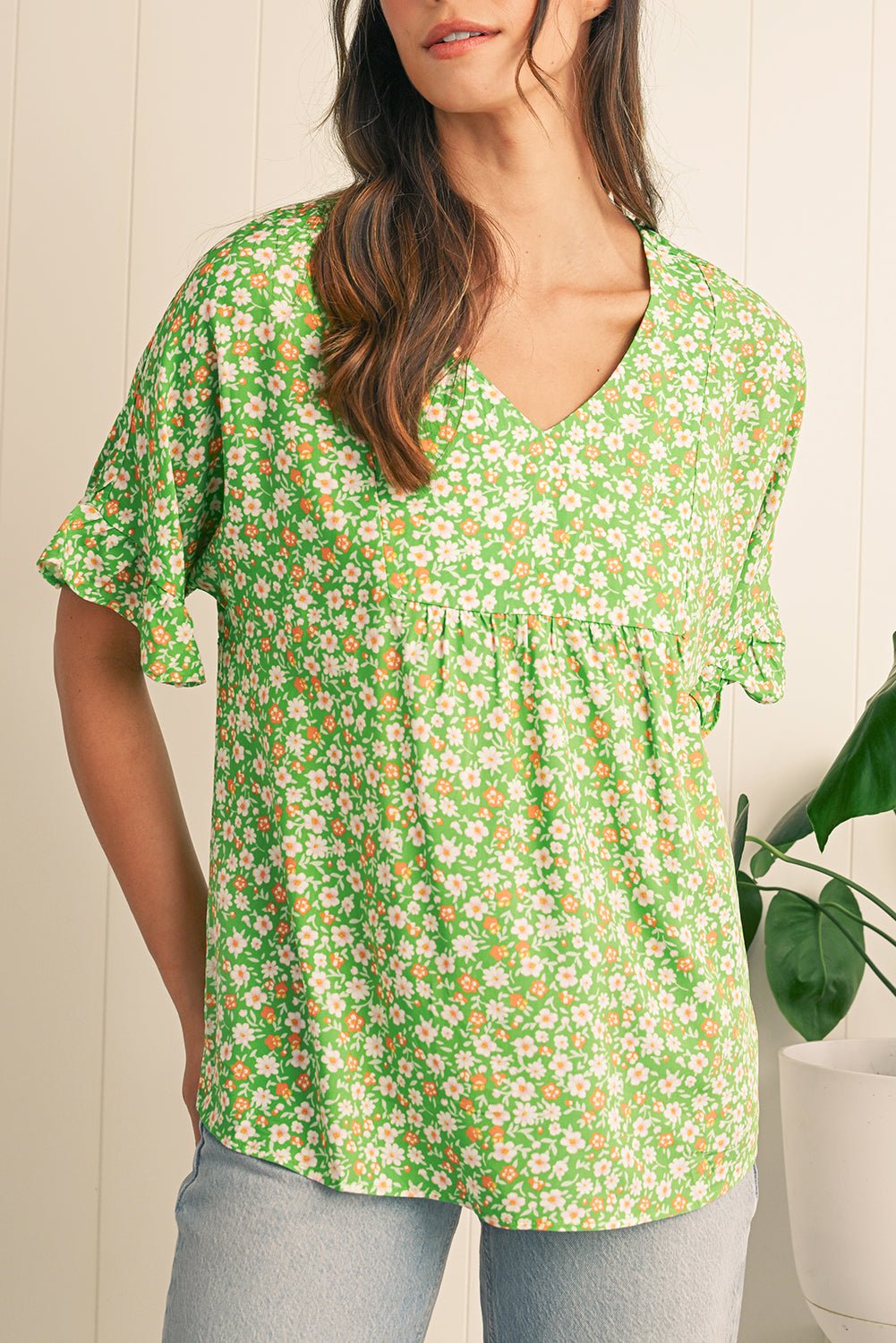 Green Floral Print Ruffle Sleeve V Neck Pleated Blouse - MAD RUFFI
