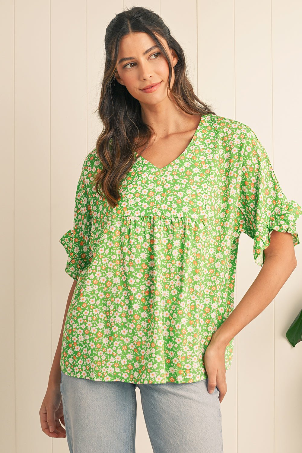 Green Floral Print Ruffle Sleeve V Neck Pleated Blouse - MAD RUFFI