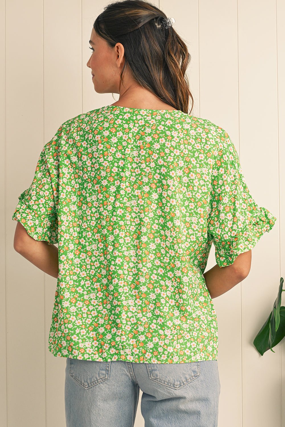 Green Floral Print Ruffle Sleeve V Neck Pleated Blouse - MAD RUFFI