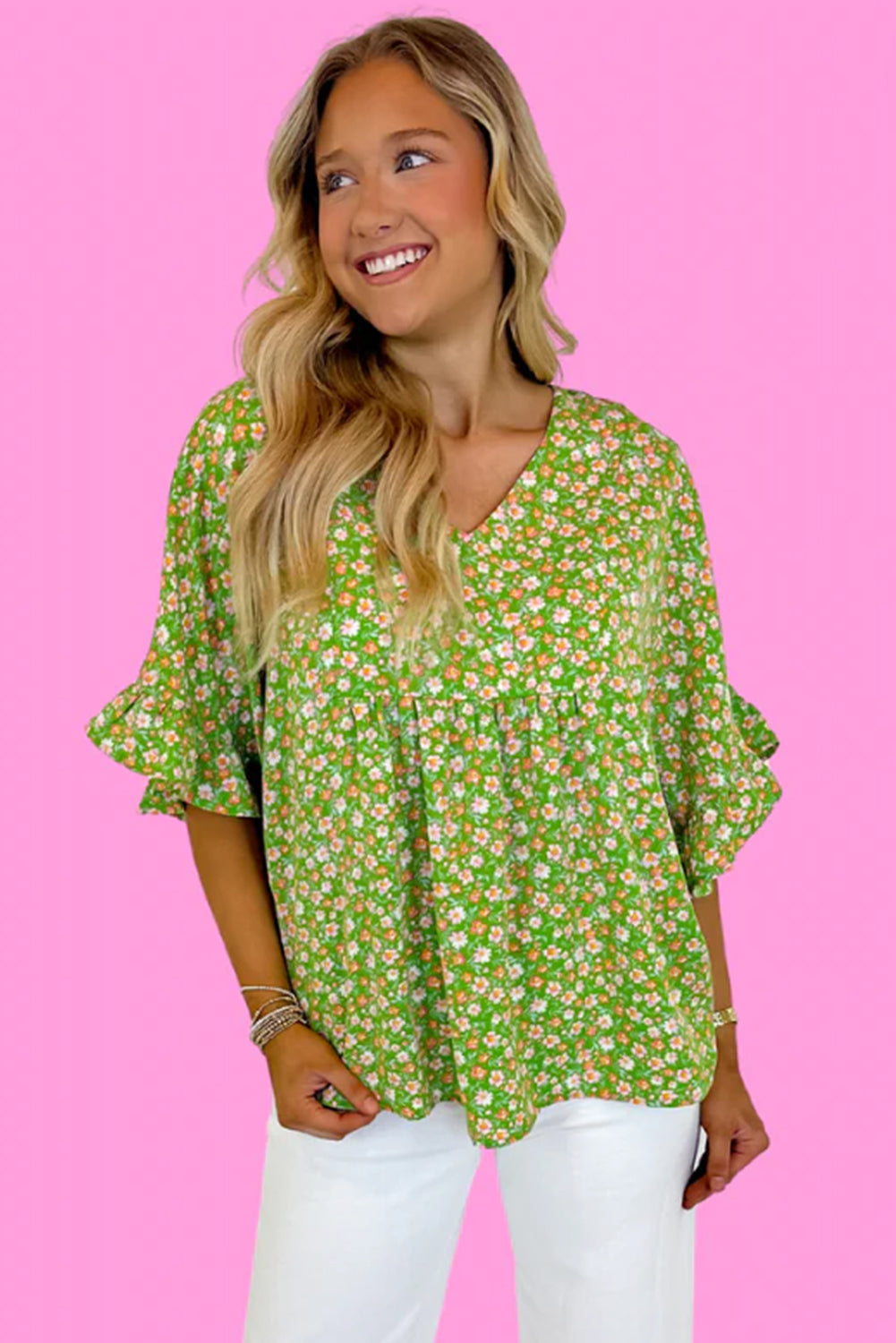 Green Floral Print Ruffle Sleeve V Neck Pleated Blouse - MAD RUFFI