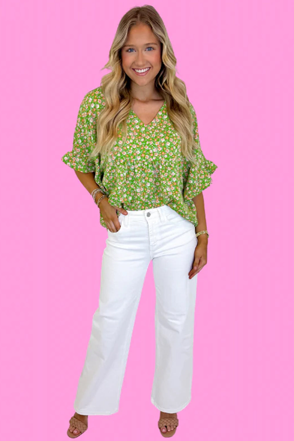 Green Floral Print Ruffle Sleeve V Neck Pleated Blouse - MAD RUFFI