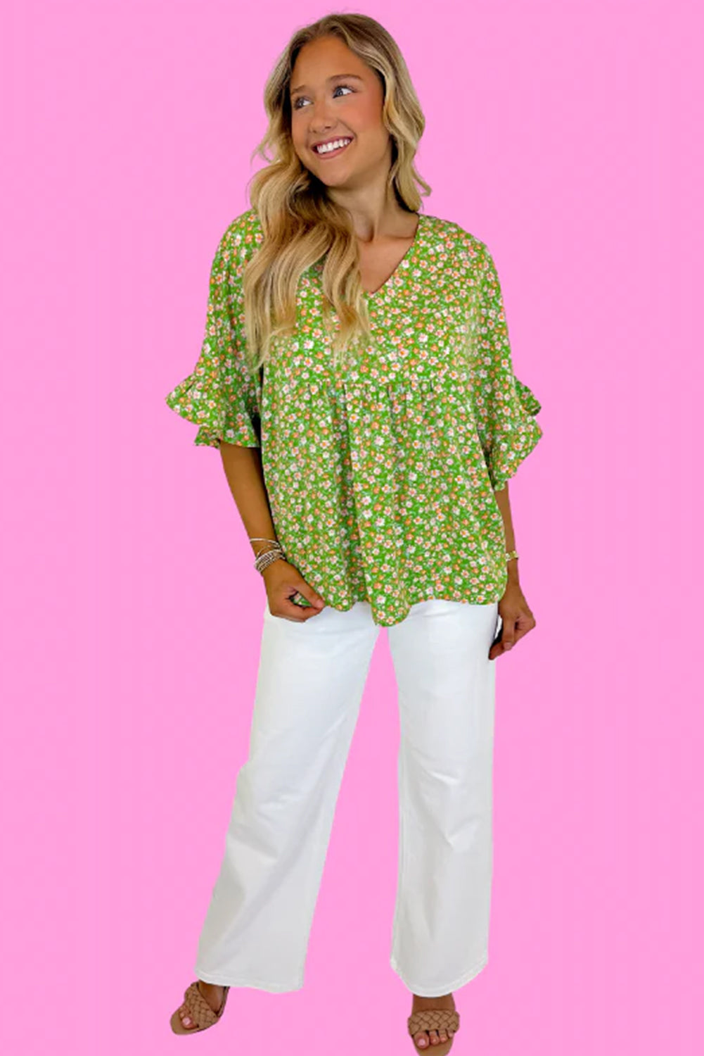 Green Floral Print Ruffle Sleeve V Neck Pleated Blouse - MAD RUFFI