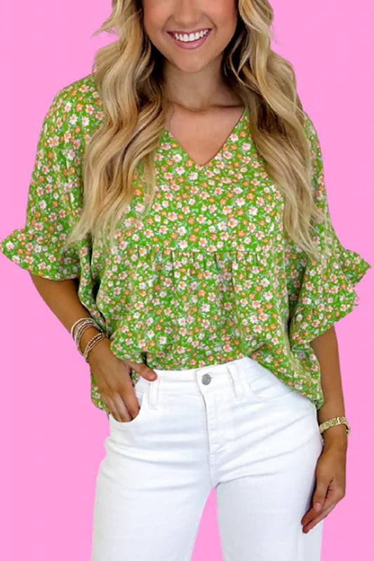 Green Floral Print Ruffle Sleeve V Neck Pleated Blouse - MAD RUFFI